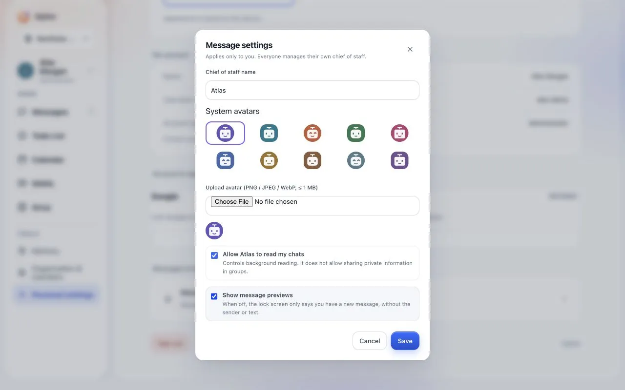 Opitor message settings for a personal AI chief of staff, with avatar, chat access and message preview controls.