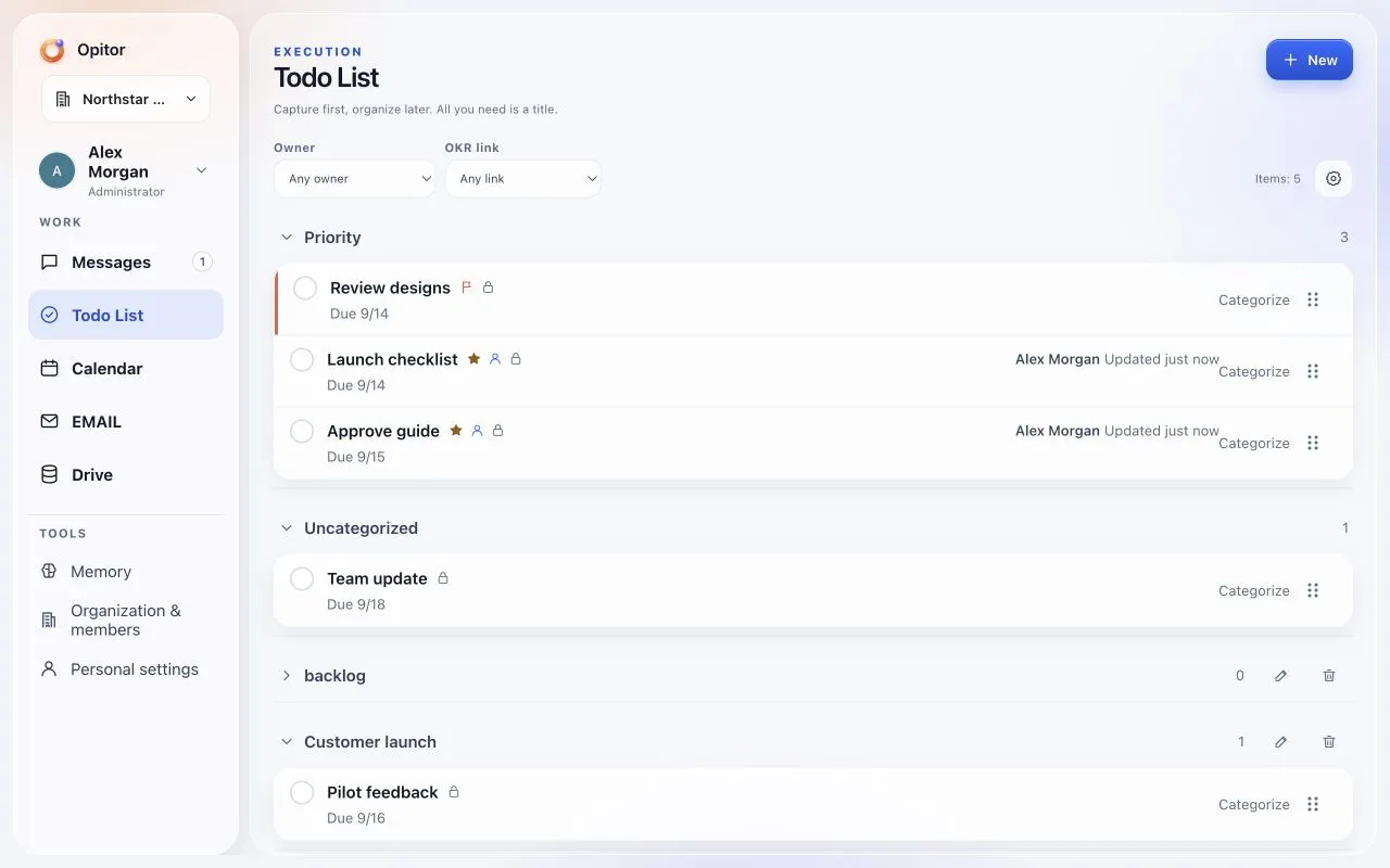 Opitor Todo List with priority tasks, due dates, collaboration updates and task categories.