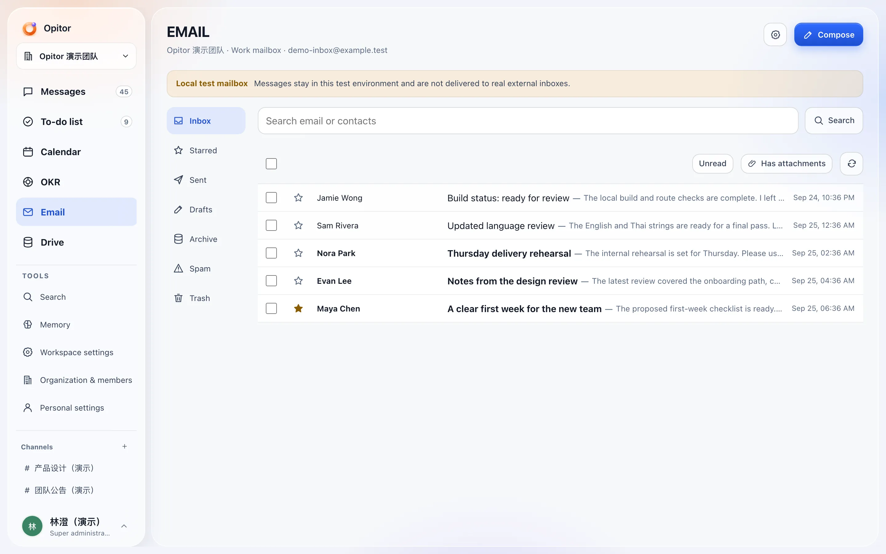 Email inbox in a preview build of Opitor, in a demo workspace, with message senders, subjects and timestamps.