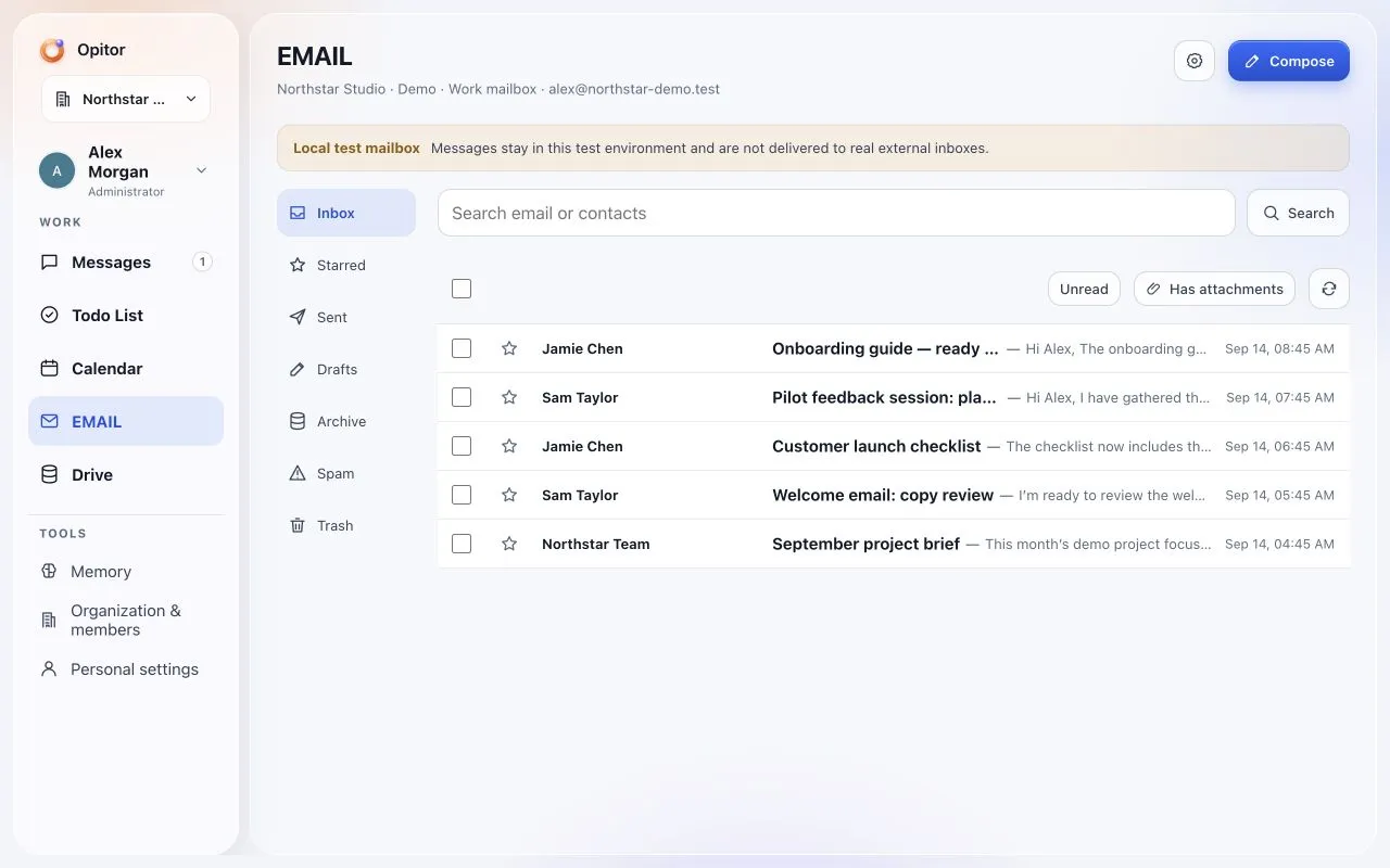 Opitor email inbox in a demo workspace, with message senders, subjects and timestamps.