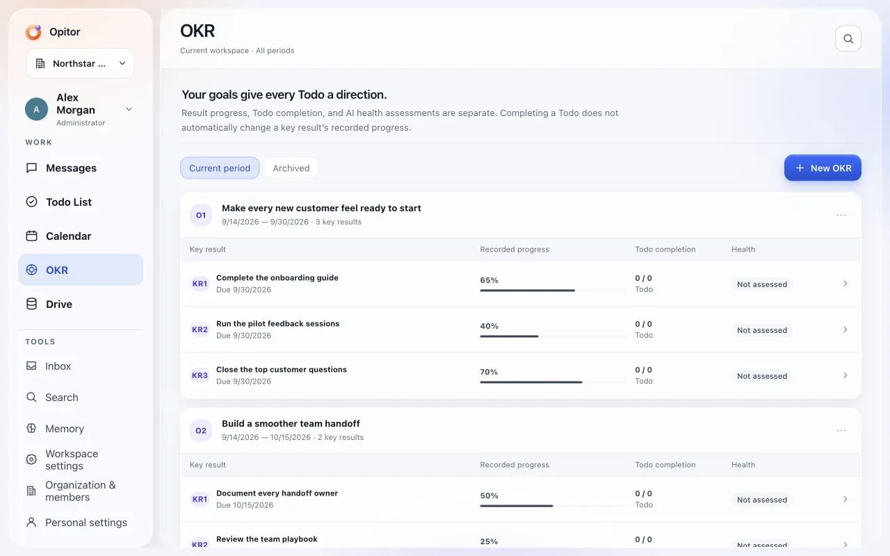 Opitor OKR view in an administrator demo workspace, showing objectives, key results and manually entered progress.